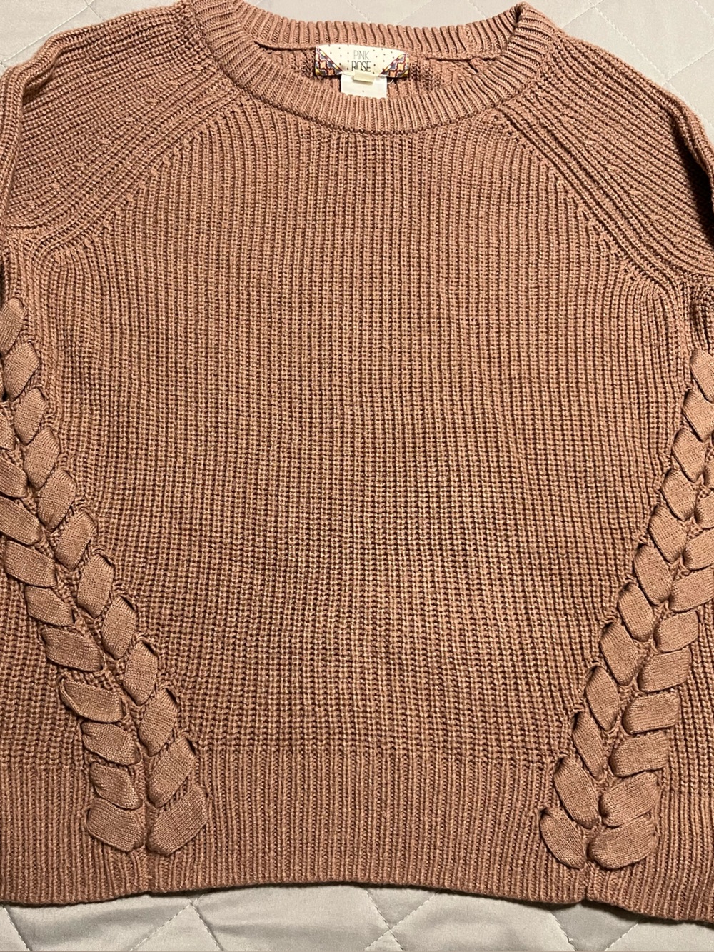 Pink Rose Braided Detail Crewneck Sweater in Dusty Rose Size Small